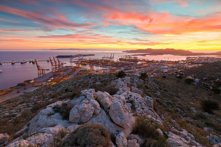 View of Piraeus harbour in Athens from the foothills of Aegaleo mountainsの写真素材