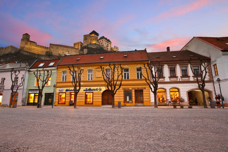 Trencin castle as seen from the main square in the old town.のeditorial素材
