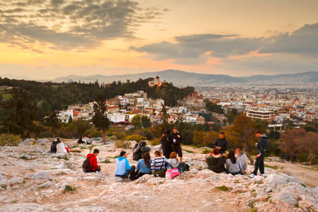 View of Thissio dominated by the National Observatory from Areopagus hill.のeditorial素材