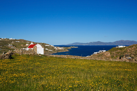 Spring meadows over the town of Mykonos and Tinos island in the distance.の写真素材