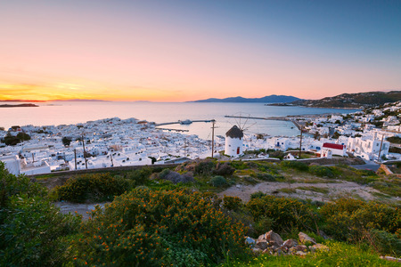 Traditional windmill over the town of Mykonos, Greece.の写真素材