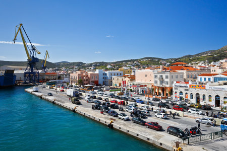 Town of Ermoupoli on Syros island as seen from the ferry.のeditorial素材