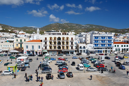 Town of Tinos as seen from the ferry.のeditorial素材