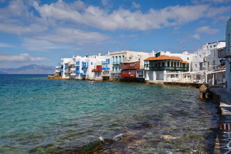 View of Little Venice in the town of Mykonos, Greece.のeditorial素材