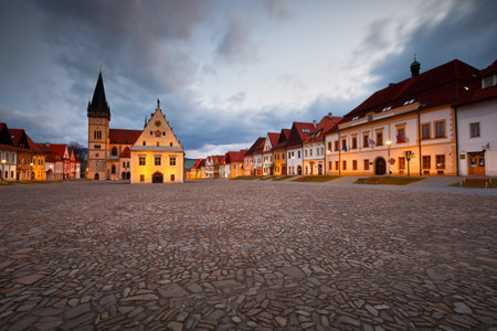 City hall in the main square of UNESCO listed medieval town of Bardejov in eastern Slovakia.のeditorial素材