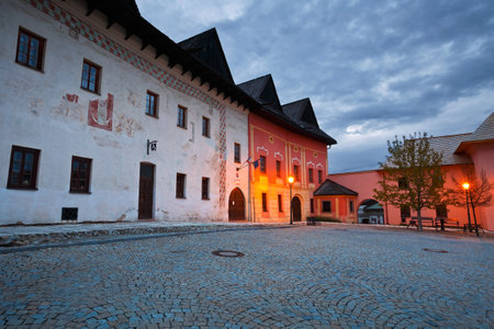 Characteristic architecture in the square of Spisska Sobota, Slovakia.のeditorial素材