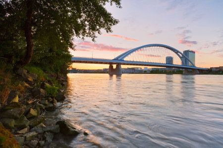 Apollo bridge over river Danube in Bratislava, Slovakia.のeditorial素材