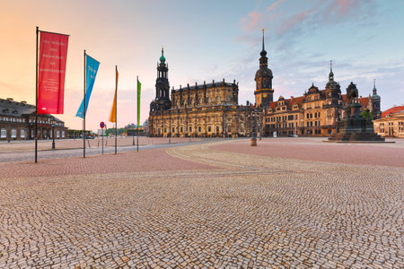 View of the royal palace and cathedral in the old town of Dresden, Germany.のeditorial素材