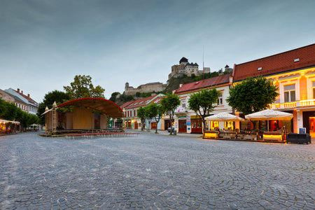 Trencin castle as seen from the main square in the old town.のeditorial素材