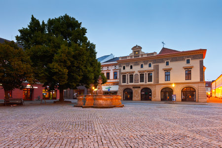 Shops in the main square of the old town of Uherske Hradiste early in the morning.のeditorial素材