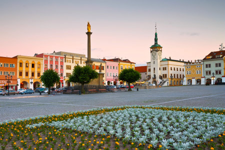 Town hall in the main square of Kromeriz city in Moravia, Czech Republic.のeditorial素材