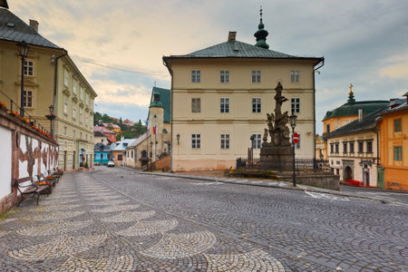 Town hall in the main square of the old town of Banska Stiavnica, Slovakia.のeditorial素材