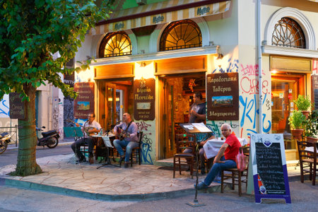 Coffee shop in Psirri neighborhood in Heroes' square, Athens.のeditorial素材