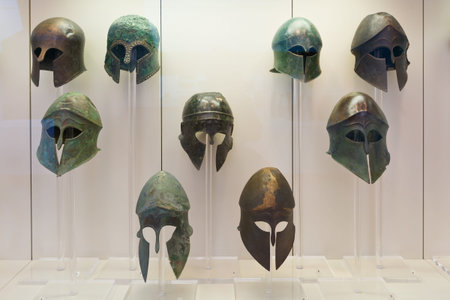 Helmets in the Archaeological museum of Olympia.