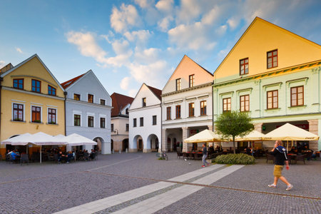 People in the main square in the city of Zilina in central Slovakia.のeditorial素材
