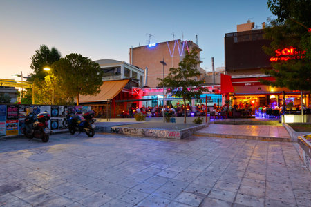 Pubs and coffee shops in Gazi neighbourhood of Athens, Greece.のeditorial素材