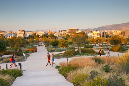 People in the park of Stavros Niarchos Foundation Cultural Center, Athens.のeditorial素材