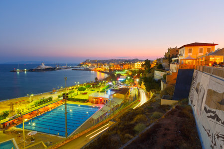 View of the municipal swimming pool in Piraeus and mouth of Zea marina, Athens.のeditorial素材
