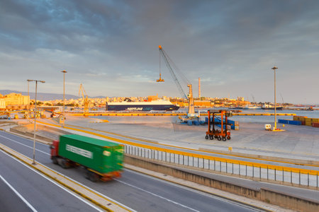 Container port of Piraeus at sunset.のeditorial素材