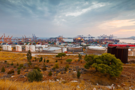 Container port of Piraeus at sunset.のeditorial素材