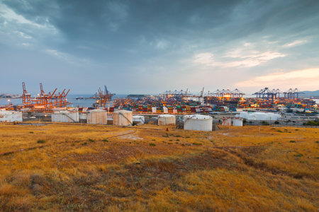 Container port of Piraeus at sunset.のeditorial素材