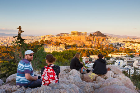 Evening view of Acropolis from Filopappou hill in central Athens.のeditorial素材