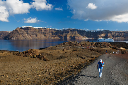 View of Santorini island from Nea Kameni island, Greece.のeditorial素材