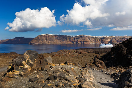 View of Santorini island from Nea Kameni island, Greece.のeditorial素材