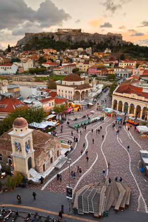 View of Acropolis from a roof-top coffee shop in Monastiraki square, Athens.のeditorial素材