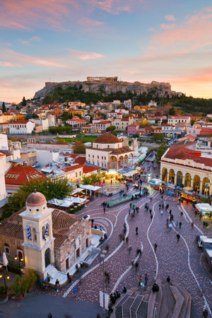 View of Acropolis from a roof-top coffee shop in Monastiraki square, Athens.のeditorial素材