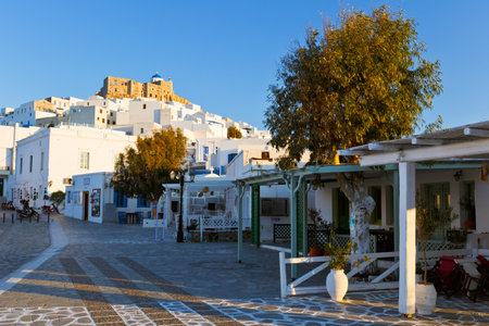 Restaurants in the main square of Chora on Astypalea island.のeditorial素材