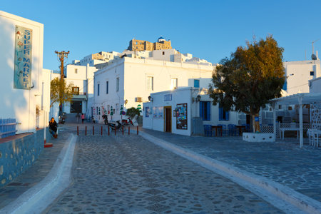 Restaurants in the main square of Chora on Astypalea island.のeditorial素材