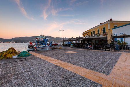 Coffee shop in the port of Agia Marina village on Leros island in Greece early in the morning.のeditorial素材