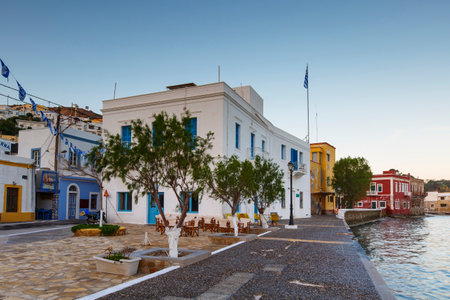 Buildings at the seafront of Agia Marina village on Leros island in Greece early in the morning.のeditorial素材