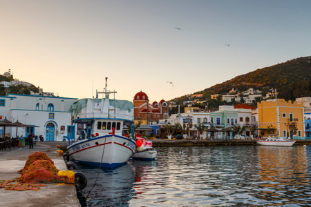 Fishing boat in the port of Agia Marina village on Leros island in Greece early in the morning.のeditorial素材