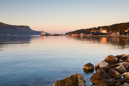 Port in Lakki village on Leros island in Greece early in the morning.のeditorial素材