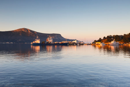 Port in Lakki village on Leros island in Greece early in the morning.のeditorial素材
