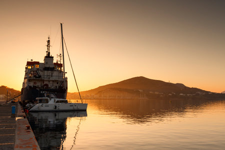 Port in Lakki village on Leros island in Greece early in the morning.のeditorial素材