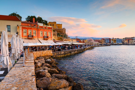 Old Venetian harbor of Chania town on Crete island, Greece.のeditorial素材