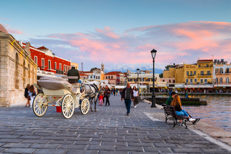 Old Venetian harbor of Chania town on Crete island, Greece.のeditorial素材