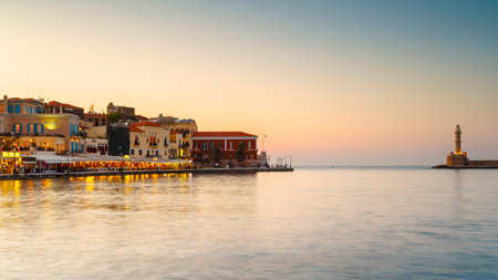 Old Venetian harbor of Chania town on Crete island, Greece.のeditorial素材