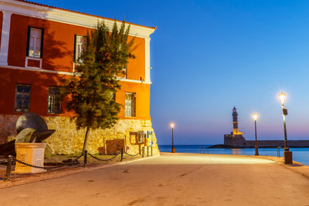 Old Venetian harbor of Chania town on Crete island, Greece.のeditorial素材