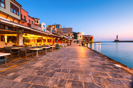 Old Venetian harbor of Chania town on Crete island, Greece.のeditorial素材