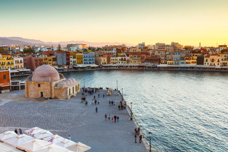 Old Venetian harbor of Chania town on Crete island, Greece.のeditorial素材
