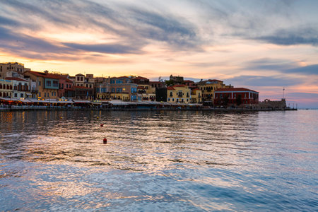 Old Venetian harbor of Chania town on Crete island, Greece.のeditorial素材
