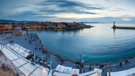 Old Venetian harbor of Chania town on Crete island, Greece.のeditorial素材