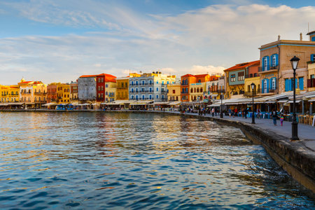Old Venetian harbor of Chania town on Crete island, Greece.のeditorial素材