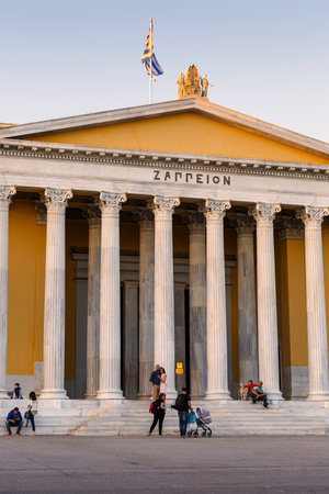 People in front of Zappeion building in the National Gardens of Athens, Greece.のeditorial素材