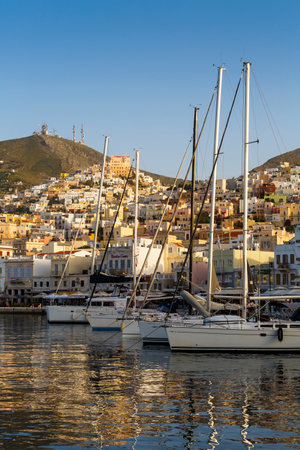 Boats in the port of Ermoupoli town on Syros island in Greece.のeditorial素材