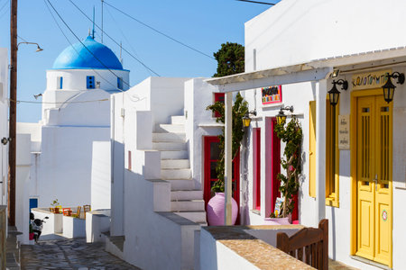 Street with typical Cycladic architecture in Artemonas village on Sifnos island in Greece.のeditorial素材